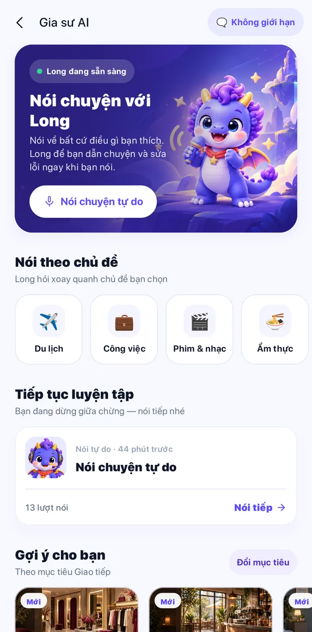 Màn hình Gia sư AI: nói chuyện tự do với Long hoặc chọn chủ đề du lịch, công việc, phim và nhạc, ẩm thực